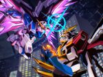  absurdres bakunetsu_god_finger battle commentary destiny_gundam energy_wings fighting g_gundam glowing glowing_eyes glowing_hand god_gundam green_eyes gundam gundam_seed gundam_seed_destiny highres in-franchise_crossover klonartdotcom light_particles mecha mecha_focus mechanical_wings mobile_suit no_humans open_hand robot science_fiction super_robot v-fin vs weapon wings wings_of_light 