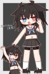  1girl :d :o absurdres bare_arms bare_shoulders bike_shorts bike_shorts_under_skirt black_background black_hair black_shirt black_shoes black_skirt blue_eyes blue_neckerchief blush border collarbone commentary_request crop_top cropped_shirt empty_eyes full_body hana_kazari hand_up heterochromia highres jitome looking_at_viewer midriff miniskirt multiple_views navel neckerchief open_mouth original outline outside_border pleated_skirt red_eyes sailor_collar shirt shoes short_hair simple_background skirt sleeveless sleeveless_shirt smile socks standing thick_eyebrows translation_request white_border white_outline white_sailor_collar white_socks 
