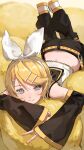 1girl ass belt black_shorts black_sleeves blonde_hair blue_eyes bow commentary_request detached_sleeves feet_up hair_bow hair_ornament hairclip highres kagamine_rin leg_warmers looking_at_viewer lying number_tattoo on_stomach parallel_hairclips shirt shoes short_hair shorts sleeveless sleeveless_shirt smile sushirice_0 tattoo v vocaloid white_bow white_shirt white_shoes yellow_belt yellow_nails yellow_trim 