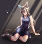  1girl admire_vega_(umamusume) animal_ears bare_shoulders black_boots blue_dress blush boots breasts brown_hair closed_mouth commentary_request dress ear_covers hair_between_eyes highres horse_ears horse_girl horse_tail jewelry long_hair low_ponytail ponytail purple_eyes ring single_ear_cover sitting sleeveless sleeveless_dress solo tail tofu_thunder umamusume wedding_ring yokozuwari 