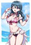  1girl :d ;d absurdres adapted_costume armband artist_name belt belt_buckle bikini blue_eyes blue_hair breasts buckle cleavage cloud cloudy_sky commentary contrapposto detached_collar english_commentary feather_skirt feet_out_of_frame fire_emblem gift_art hair_between_eyes hair_ornament hairclip halterneck happy highleg highleg_bikini highres large_breasts layered_bikini letterboxed long_hair multiple_hairclips narrow_waist navel ocean one_eye_closed open_mouth oribe_tsubasa pink_ribbon ribbon rotomdocs second-party_source showgirl_skirt sky smile solo sommie_(fire_emblem) swimsuit tokyo_mirage_sessions_fe v very_long_hair white_belt wristband 