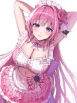  1girl absurdres alternate_costume apron armband arms_behind_head arms_up breasts character_name cleavage closed_mouth collar commentary_request dorothy_(nikke) english_text flower flower_ornament frilled_apron frilled_armband frilled_skirt frills goddess_of_victory:_nikke hair_bun hair_intakes highres large_breasts long_hair looking_up maid maid_apron maid_headdress navel nemu_together pink_hair pink_skirt purple_eyes purple_flower purple_ribbon purple_rose ribbon rose simple_background skirt smile very_long_hair waist_apron white_apron white_background white_collar white_flower white_rose 