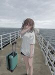  1girl absurdres bare_legs black_shorts blush brown_hair cloud cloudy_sky commentary_request hamunezuko_(nezukonezu32) hand_on_own_face highres horizon looking_at_viewer medium_hair ocean open_mouth original outdoors overcast photo_background railing rock rolling_suitcase shirt shoes shorts sky smile solo standing suitcase t-shirt tears white_shirt wiping_tears 