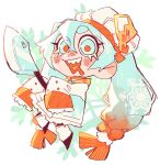  1girl aqua_eyes aqua_hair braid butter chef chef_hat cleaver commentary english_commentary food gradient_hair hat hatsune_miku heart_tongue holding holding_cleaver looking_at_viewer multicolored_hair orange_hair orange_pupils sharp_teeth shrimp_print shrimpku simple_background skatankata snowflakes solo teeth twin_braids vertical-striped_neckerchief vocaloid white_background yuki_miku yuki_miku_(2024)_(applicant) 