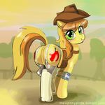  blonde_hair braeburn_(mlp) butt clothing cowboy_hair cowboy_hat crossgender cutie_mark equine female fence feral friendship_is_magic fur garter_belt garter_straps green_eyes hair hat horse ipan legwear lingerie looking_back mammal mew_(artist) my_little_pony outside pony solo stockings suggestive tree yellow_fur 