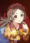  1girl artist_name blue_skirt blush bow brown_eyes brown_hair commentary_request curtains earrings gakuen_idolmaster garakuta_road_(idolmaster) highres hoop_earrings idolmaster jewelry kuramoto_china layered_skirt long_hair looking_at_viewer okuta0_0 open_mouth orange_shirt parted_bangs plaid_clothes plaid_shirt shirt skirt solo sparkle twitter_username yellow_bow 