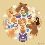  1girl 6+others :t animal animal-themed_food apple artist_name baguette banana bear bear_cub bird blue_dress bowl braid bread bread_slice brown_hair cake cake_stand cat chair chorochoro commentary croissant crown cucumber cup donut dress drink drinking_straw eating food fork fox fried_egg fried_egg_on_toast from_above fruit grapes green_scarf hardboiled_egg hat highres holding holding_food lettuce melon_bread mini_crown multiple_others open_mouth orange_(fruit) original pancake pancake_stack party_hat penguin plate rabbit ribbon round_table salt_shaker sausage scarf single_braid sitting solid_circle_eyes squirrel table taiyaki toast tomato tomato_slice vegetable wagashi white_rabbit_(animal) white_ribbon yellow_background 