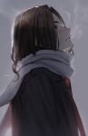  1boy absurdres baji_keisuke black_eyes black_hair black_jacket breath commentary_request enpera eyes_visible_through_hair fang fang_out from_side grey_background highres jacket long_hair looking_up male_focus necktie parted_lips profile red_necktie scarf simple_background solo tian_lu tokyo_revengers twitter_username upper_body white_scarf 