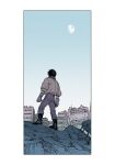  abaraya akira_(manga) arms_at_sides black_boots black_hair blue_sky boots building canon_event commentary_request from_behind full_body gloves grey_pants half_moon highres inset_border jacket kaneda_shoutarou_(akira) looking_up male_focus moon orange_jacket pants ruins short_hair sky sleeves_pushed_up solo standing 