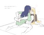  1635723591 2girls barefoot black_hair black_shirt blonde_hair blush bottomless breasts chinese_commentary chinese_text cho_kaguya-hime! clothes_lift commentary_request fang futa_with_female futanari kaguya_(cho_kaguya-hime!) leg_lock long_hair multiple_girls nipples one_eye_closed open_mouth red_eyes sakayori_iroha shirt shirt_lift short_sleeves simple_background sitting small_breasts sweat translation_request very_long_hair white_background 