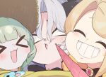  >_< 3girls :3 :d :o blonde_hair blunt_bangs chloe_(trickcal) closed_eyes commentary english_commentary face-to-face green_hair hat highres horns hug multiple_girls open_mouth parted_bangs sibeoji single_horn smile stab star_(symbol) teeth trickcal ui_(trickcal) unicorn_horn vivi_(trickcal) water_drop white_hair 