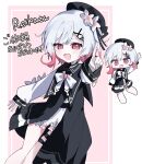  1girl belt beret black_choker black_coat black_hat border center_frills chibi choker coat collared_coat commentary_request commission cowboy_shot fang flower flower-trimmed_shorts flower-trimmed_sleeves frills gradient_hair hair_flower hair_ornament harumaking hat hat_flower hat_ribbon highres long_sleeves looking_at_viewer mahou_shoujo_no_majo_saiban multicolored_hair neck_ribbon open_mouth pink_background pink_eyes pink_hair pointing pointing_at_viewer puffy_sleeves ribbon sakuraba_ema shirt short_hair skeb_commission sleeveless sleeveless_coat smile solo thigh_strap translation_request white_border white_flower white_hair white_ribbon white_shirt white_sleeves x_hair_ornament 