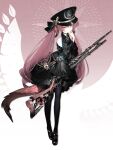  1girl bare_shoulders black_dress black_hat black_pantyhose black_ribbon black_shoes book brooch chinese_commentary collared_dress commentary detached_sleeves dress emblem full_body gun hat head_wings highres holding holding_gun holding_weapon ikara_(resonance_solstice) jewelry kepi lace-trimmed_dress lace_trim long_hair long_sleeves looking_at_viewer low_twintails mary_janes military_hat neck_ribbon pantyhose pigeon-toed pink_background pink_eyes pink_hair resonance_solstice ribbon rifle samail scales shoe_buckle shoes single_sleeve_past_fingers sleeveless sleeveless_dress solo tachi-e tail twintails two-tone_background very_long_hair weapon white_background wide_sleeves wings 
