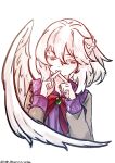  1girl absurdres artist_name blush bow bowtie brooch brown_jacket commentary_request dated dress feathered_wings grey_hair hair_between_eyes highres jacket jewelry kishin_sagume long_sleeves looking_down one-hour_drawing_challenge open_clothes open_jacket purple_dress red_bow red_bowtie red_eyes simple_background single_wing solo touhou upper_body ve1024 white_background white_wings wings 