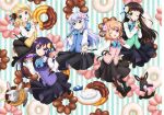  5girls :d ;) ;d angora_rabbit anko_(gochiusa) back_ribbon black_eyes black_pantyhose black_ribbon black_shoes black_skirt blonde_hair blue_bow blue_bowtie blue_eyes blue_hair blue_ribbon blue_vest boots bow bowtie brown_boots brown_hair character_name choco_fashion chocolate-covered_food closed_mouth collared_shirt crown donut donut_hair_ornament food food-themed_background food-themed_hair_ornament glazed_donut gochuumon_wa_usagi_desu_ka? green_background green_eyes green_vest hair_ornament hair_ribbon hairclip high_heels holding holding_microphone hoto_cocoa kafuu_chino kirima_syaro kneehighs long_hair long_sleeves looking_at_viewer lowres medium_hair microphone mini_crown multiple_girls official_art old-fashioned_donut one_eye_closed open_mouth orange_hair pantyhose parallel_hairclips parted_lips pink_donut pink_vest pon_de_chocolat pon_de_ring pon_de_strawberry purple_eyes purple_hair purple_vest rabbit rabbit_house_uniform reaching reaching_towards_viewer ribbon scar scar_across_eye scar_on_face shirt shoes short_hair skirt smile socks striped_background striped_bow striped_bowtie striped_clothes tedeza_rize tippy_(gochiusa) twintails ujimatsu_chiya vest white_eyes white_ribbon white_shirt white_socks wild_geese x_hair_ornament yellow_vest 