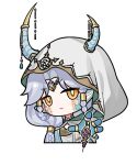  1girl aqua_scales artist_request asymmetrical_horns beads blue_horns blue_skin braid braided_hair_rings chibi circlet cloak closed_mouth colored_extremities colored_skin cropped_torso dragon_girl dragon_horns dress expressionless eyes_visible_through_hair facepaint gold_ring greco-roman_clothes grey_hair hair_over_shoulder hair_rings hair_tubes hood hood_up hooded_cloak horn_cover horns horns_through_hood infinity_nikki jewelry jitome light_frown long_hair looking_at_viewer mechanical_seed_(infinity_nikki) medael_(infinity_nikki) multicolored_skin multiple_rings nikki_(series) official_art outstretched_hand parksolian_(infinity_nikki) pointy_ears ring ring_on_every_finger side_braid sleeveless slit_pupils solo sticker_(medium) transparent_background two-sided_cloak two-sided_fabric two-tone_skin white_cloak white_dress yellow_eyes 