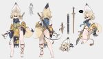  1girl absurdres animal_ears ass bare_legs barefoot blonde_hair chinese_clothes chinese_commentary closed_mouth clothing_request commentary_request eflo_(794753336) english_commentary fang fox_ears fox_tail from_behind hand_on_own_hip highres leg_wrap looking_at_viewer looking_back mixed-language_commentary multiple_views open_mouth original parted_lips red_eyes reference_sheet short_hair sleeveless speech_bubble standing sunglasses tail weapon 