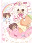  3girls :p angel_wings animal_ears asymmetrical_legwear bear_ears bear_girl bear_tail blonde_hair bloomers blue_bow bow bowtie braid brown_eyes brown_hair buttons cat_ears cat_girl chibi chibi_inset cloud commentary cowboy_shot dark-skinned_female dark_skin dress english_commentary frilled_sleeves frills gold_tiara hair_bow hair_intakes halo heart highres holding holding_stuffed_toy mismatched_legwear mismatched_thighhighs multiple_girls one_eye_closed original pacifier pink_bow pink_bowtie pink_dress polka_dot polka_dot_thighhighs puffy_short_sleeves puffy_sleeves pukapukavec rabbit_ears rainbow short_sleeves side_braids sparkling_eyes star_(symbol) striped_clothes striped_thighhighs stuffed_carrot stuffed_toy tail thighhighs tongue tongue_out traditional_halo unicorn_horn white_bloomers white_dress wings yellow_bow yume_kawaii 