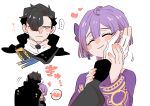  >_< ... 1boy 1girl amagaeru_(amapippi052525) bernadetta_von_varley bernadetta_von_varley_(timeskip) black_hair blush blush_stickers closed_eyes closed_mouth commentary_request embarrassed fingernails fire_emblem fire_emblem:_three_houses gloves hand_on_another's_arm hand_on_another's_face heart highres hubert_von_vestra hubert_von_vestra_(timeskip) motion_lines one_eye_covered purple_hair sweatdrop translation_request white_background white_gloves yellow_eyes 