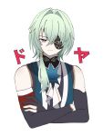  1boy anaxa_(honkai:_star_rail) ascot bare_shoulders bishounen black_gloves blue_eyes closed_mouth commentary cropped_torso crossed_arms dot_nose doyagao elbow_gloves eyepatch furrowed_brow gloves green_hair hair_between_eyes hair_intakes hair_over_shoulder highres hole_in_chest hole_on_body honkai:_star_rail honkai_(series) long_hair looking_at_viewer low_ponytail male_focus multicolored_eyes no_jacket one_eye_covered partially_fingerless_gloves ponytail red_eyes simple_background sleeveless smile smug solo sound_effects star_(sky) translation_request turtleneck two-tone_eyes v-shaped_eyebrows white_ascot white_background yukimi_(yuyuyu_324) 