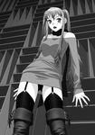  bare_shoulders black_legwear blush boots breasts crossdressing garter_straps greyscale hanabusu_arisu highres kagosaka_mahiro large_breasts lips long_hair looking_at_viewer monochrome my_doll_house newhalf open_mouth otoko_no_ko skirt solo thigh_boots thighhighs wig yui_toshiki 