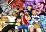  2girls 6+boys abs alvida_(one_piece) apple7apo arlong axe_hand_morgan bare_shoulders black_hair black_jacket black_necktie black_pants blonde_hair blue_shorts breasts brown_eyes brown_overalls buggy_the_clown captain_kuro cigarette clenched_hands commentary don_krieg dual_wielding english_commentary feet_out_of_frame fighting_stance fur-trimmed_shorts fur_trim goggles green_hair grin haramaki hat hat_on_back holding holding_cigarette holding_staff holding_sword holding_weapon jacket katana kicking large_breasts long_nose miniskirt monkey_d._luffy mouth_hold multiple_boys multiple_girls multiple_swords nami_(one_piece) necktie one_piece open_mouth orange_hair overalls pants red_vest roronoa_zoro sanji_(one_piece) scar scar_on_cheek scar_on_face shirt short_hair short_sleeves shorts single_sidelock skirt slingshot_(weapon) smile staff straw_hat straw_hat_pirates sword teeth_hold usopp vest weapon white_shirt yellow_skirt 
