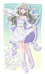  1girl :d alternate_costume bare_shoulders blush border bow choker collarbone commentary cosplay detached_sleeves dress dress_bow drop_shadow eighth_note frilled_dress frills full_body green_hair hair_flaps hand_up highres holding_own_dress jewelry kusanagi_nene long_hair long_sidelocks long_sleeves looking_at_viewer low-tied_sidelocks momoi_airi momoi_airi_(cosplay) musical_note necklace open_mouth outstretched_arm project_sekai purple_eyes ribbon ribbon_choker saihate_e_to_tobu_kimi_e_(project_sekai) shoes sidelocks simple_background sinya393939 sleeves_past_wrists smile solo strapless strapless_dress white_border white_bow white_dress white_shoes white_sleeves 