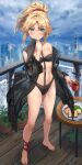  1girl absurdres balcony bare_shoulders barefoot black_bra black_panties blonde_hair blue_sky blush bra breasts clothing_cutout coffee coffee_mug commentary commentary_request cup fate/grand_order fate_(series) food full_body green_eyes hair_ornament hair_scrunchie highleg highres lingerie long_hair looking_at_viewer mordred_(fate) mug panties plant plate ponytail potted_plant scrunchie sky solo tonee underwear 