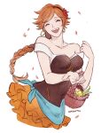  1girl agnea_bristarni anonatsutods basket braid braided_ponytail breasts brown_corset brown_hair cleavage closed_eyes corset dancer earrings flower highres hoop_earrings jewelry octopath_traveler octopath_traveler_ii open_mouth orange_skirt red_flower red_rose rose skirt tabard white_background 