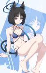  1girl absurdres animal_ear_fluff animal_ears bare_arms bare_legs bare_shoulders barefoot bikini black_bikini black_hair black_nails blue_archive blue_bikini breasts cat_ears cat_girl cat_tail closed_mouth commentary_request grey_eyes groin halo highres kikyou_(blue_archive) kikyou_(swimsuit)_(blue_archive) medium_breasts multiple_tails nail_polish navel ryoji_minato short_hair side-tie_bikini_bottom smile solo swimsuit tail toenail_polish toenails two_tails zoom_layer 