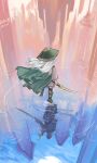  1boy 1girl 2025 absurdres artist_name black_hair black_shirt black_thighhighs cape commentary_request day different_reflection floating_hair from_behind full_body green_cape grey_tunic highres holding holding_sword holding_weapon long_hair magic:_the_gathering night ninja rain reflection ripples shirt shizuki_kaito skyline solo sword the_wandering_emperor thighhighs torii tunic walking water weapon white_hair yitai_zhi_meng 
