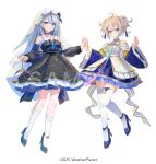  ahoge amagai_ruka appare_hinata aqua_eyes aqua_hair bare_shoulders black_choker blue_eyes blue_hair blue_shoes braid choker commentary_request detached_sleeves dress full_body grey_hair hair_ornament hairclip hand_up hands_up high_heels highres holding holding_hands kneehighs kobuta long_hair long_sleeves looking_at_viewer multicolored_hair official_art parted_lips sample_watermark shoes short_hair simple_background socks standing streaked_hair thighhighs veil virtual_youtuber watermark weather_planet white_background white_socks white_thighhighs 
