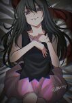  1girl artist_name bed black_hair commentary_request dawn_(pokemon) highres kagi0487_(weiss_9610) long_hair on_bed pink_skirt pokemon pokemon_diamond/pearl/platinum red_scarf scarf signature skirt solo twitter_username 