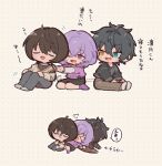  >_< 3boys ahoge animal_print black_hair brown_pants chibi closed_eyes closed_mouth commentary crossed_bangs ensemble_stars! hair_between_eyes hanamura_fuyume heterochromia kagehira_mika kneehighs layered_sleeves leopard_print long_sleeves male_focus multiple_boys open_mouth orange_eyes outstretched_arms pants purple_eyes purple_hair sakuma_ritsu short_hair shorts sleeping socks speech_bubble translation_request twitter_username watermark z_(yofukashigenkin) 