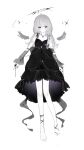  1girl ahoge bare_legs bare_shoulders barefoot black_dress black_eyes black_halo black_nails collarbone commentary_request dated_commentary detached_sleeves detached_wings dress fingernails floating full_body gem grey_hair grey_ribbon grey_sleeves grey_wings halo high-low_dress highres indie_utaite jewelry leg_ribbon long_hair looking_at_viewer mini_wings muto_(utaite) nail_polish necklace pendant purple_gem ribbon see-through_clothes see-through_sleeves simple_background sleeveless sleeveless_dress solo sparkle tks_10ru utaite white_background wings wrist_ribbon 