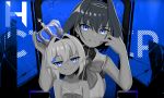  1boy 1girl absurdres basher blue_background blue_bow blue_eyes boros_(ouro_kronii) bow breasts closed_mouth commentary crown dress english_commentary greyscale_with_colored_background hair_bow hair_intakes halo highres holding holding_crown hololive hololive_english king_(vocaloid) large_breasts long_hair looking_at_viewer on_throne ouro_kronii personification pointy_ears serious short_hair sleeveless sleeveless_dress smile smug spot_color throne trap virtual_youtuber 