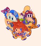  3boys belt blue_belt blue_coat blue_eyes blue_hat blue_jacket blue_vest blush boots brown_hair buck_teeth chibi chibi_only coat commentary dog_boy donald_duck duck_boy english_commentary fingerless_gloves full_body gloves goggles goggles_on_head goofy green_sweater hat holding holding_shield holding_staff holding_weapon jacket jetbytes keyblade kingdom_hearts looking_at_viewer loose_belt male_focus multiple_boys one_eye_closed open_mouth orange_boots pants red_romper ribbed_sweater romper shield short_hair smile sora_(kingdom_hearts) spiked_hair staff sweater teeth turtleneck turtleneck_sweater vest weapon white_gloves white_sleeves wizard_hat yellow_boots yellow_hat yellow_pants 