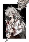  1girl blood blood_on_clothes blue_eyes broom commentary_request feathers grey_hair highres holding holding_broom light_smile long_hair messy_hair original patterned_clothing tsuda_hayato 