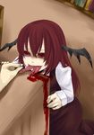  ahegao bad_id bad_pixiv_id bat_wings blood book fingernails guro head_wings koakuma library long_hair multiple_tongues nail pin red_eyes red_hair table tmk_(tmk92) torture touhou wings 