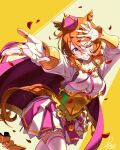  1girl absurdres animal_ears armor breasts cape commentary crown dapenpan english_commentary fingerless_gloves gloves gold_corset grin hair_between_eyes highres horse_ears horse_girl horse_tail jewelry long_sleeves looking_at_viewer medium_breasts mini_crown multiple_rings one_eye_closed open_mouth orange_hair orange_tail pink_cape pink_crown purple_eyes ring shirt short_hair shoulder_armor single_fingerless_glove skirt smile solo t.m._opera_o_(o_sole_suo!)_(umamusume) t.m._opera_o_(umamusume) tail teeth thighhighs two-tone_skirt umamusume white_shirt white_thighhighs 