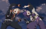  2boys akeemi-chan axel_syrios axel_syrios_(1st_costume) banzoin_hakka banzoin_hakka_(1st_costume) belt black_hands black_jacket black_pants black_shirt blonde_hair bracelet braid clothing_cutout cloud cloudy_sky collar colored_extremities commentary cowboy_shot dragon_ball earrings feather_hair_ornament feathers fusion_dance gloves hair_ornament hakama hakama_pants highres hip_vent holostars holostars_english jacket japanese_clothes jewelry male_focus multicolored_hair multiple_boys open_mouth orange_gloves pants pom_pom_(clothes) ponytail purple_hair purple_hakama purple_sash red_hair red_streaks sash shirt side_braid single_braid single_hair_streak sky streaked_hair tassel tassel_earrings untranslatable_commentary virtual_youtuber white_belt white_streaks 