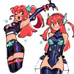  1girl absurdres aqua_eyes bare_shoulders belt blush bodysuit breasts cleavage_cutout clothing_cutout commentary cowboy_shot crop_top elbow_gloves english_commentary gloves hair_ornament happy highres kaatokun latex latex_bodysuit leotard long_hair lyra_(kaatokun) medium_breasts miniskirt multiple_views narrow_waist one_eye_closed original pencil_skirt red_hair simple_background skirt sleeveless slim_legs star_(symbol) star_cutout star_hair_ornament striped_blush thigh_belt thigh_strap thighhighs white_background 