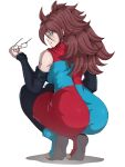  1girl absurdres android_21 brown_hair checkered_clothes checkered_dress commentary dragon_ball dragon_ball_fighterz dress earrings highres hoop_earrings jewelry long_hair multicolored_dress pantyhose rebut_art red_ribbon_army solo spiked_hair two-tone_dress 