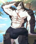  1boy abs animal_ears arm_up armpits bara beach biceps black_fur black_hair black_male_underwear bulge commentary covered_testicles cross_scar erection erection_under_clothes fangs furry furry_male grin hand_on_own_head highres looking_at_viewer male_focus male_underwear milang_313 multiple_scars muscular muscular_male navel nipples ocean pectorals scar scar_across_eye scar_on_arm scar_on_chest scar_on_face scar_on_nose scar_on_stomach sdorica sitting smile tail tiger_boy tiger_ears tiger_stripes tiger_tail topless_male underwear untranslatable_commentary yao_(sdorica) 