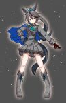  1girl absurdres alternate_color animal_ears ascot asymmetrical_gloves black_gloves black_hair blue_ascot blue_cape boots breasts brown_eyes buttons cape commentary_request double-breasted epaulettes gloves grey_boots grey_gloves grey_jacket highres horse_ears horse_girl horse_tail jacket long_hair long_sleeves mismatched_gloves multicolored_hair multicolored_jacket ponytail single_epaulette single_hair_streak skirt small_breasts solo streaked_hair tail tofu_thunder tokai_teio_(peak_joy)_(umamusume) tokai_teio_(umamusume) two-tone_jacket two-tone_skirt umamusume 