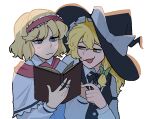  2girls :3 :d :| ahoge alice_margatroid backlighting black_bow black_bowtie black_hat black_vest blonde_hair blue_eyes blush book bow bowtie braid burnthomework capelet closed_mouth collared_capelet commentary english_commentary frilled_hairband frills frown green_bow hair_bow hairband half-closed_eyes hand_up hat hat_bow holding holding_book jaggy_lines jewelry kirisame_marisa large_bow lolita_hairband long_hair long_sleeves looking_to_the_side multiple_girls narrowed_eyes open_mouth pointing puppet_rings ring short_hair side_braid simple_background single_braid sleeve_garter smile smug touhou upper_body v-shaped_eyebrows vest white_background white_bow white_capelet wing_collar witch_hat yellow_eyes 