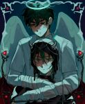  2boys alien_stage angel_and_devil angel_wings artist_name black_eyes black_hair black_veil commentary demon_wings fang green_eyes halo highres ivan_(alien_stage) male_focus multiple_boys ninjinsuni red_pupils red_wings shirt till_(alien_stage) veil white_shirt white_wings wings 