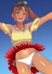  1girl ass_visible_through_thighs bare_shoulders bikini bikini_under_clothes brown_eyes brown_hair clothes_lift commentary_request crop_top dark-skinned_female dark_skin final_fantasy final_fantasy_vii final_fantasy_vii_rebirth final_fantasy_vii_remake frilled_shirt frills groin hair_ornament highres jewelry long_hair looking_at_viewer navel necklace ponytail priscilla_(ff7) red_sarong sarong shell shell_necklace shirt skirt swimsuit tirasi_(so) 
