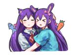  >_< 2girls :3 :d =_= alternate_breast_size_(smaller) animal_ears arm_at_side arm_up aubrey_(headspace)_(omori) aubrey_(omori) bare_arms blue_shirt blush bow carrot cat_ears cat_girl closed_mouth collared_shirt cropped_torso extra_ears facing_another facing_viewer fish flat_chest food hair_behind_ear hair_bow hand_on_another's_head hand_up heads_together heart highres kemonomimi_mode long_hair mari_(headspace)_(omori) mari_(omori) multiple_girls neckerchief omori open_mouth pink_bow purple_hair purple_sweater_vest rabbit_ears rabbit_girl red_neckerchief shirt short_sleeves sidelocks simple_background smile straight_hair sweater_vest teeth tongue upper_teeth_only v-shaped_eyebrows white_background white_shirt zhentan10806 