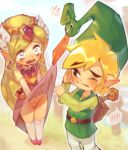  1boy 1girl anger_vein beak blonde_hair clothes_lift clothes_pull commentary dress dress_lift dress_tug english_commentary ezlo fang flying_sweatdrops green_hat green_tunic hat highres link onimiere panties pink_dress pointy_ears princess_zelda sexual_harassment shield shield_on_back spoken_blush sword sword_on_back tearing_up the_legend_of_zelda the_legend_of_zelda:_the_minish_cap tiara toon_link toon_zelda tunic underwear weapon weapon_on_back white_panties 